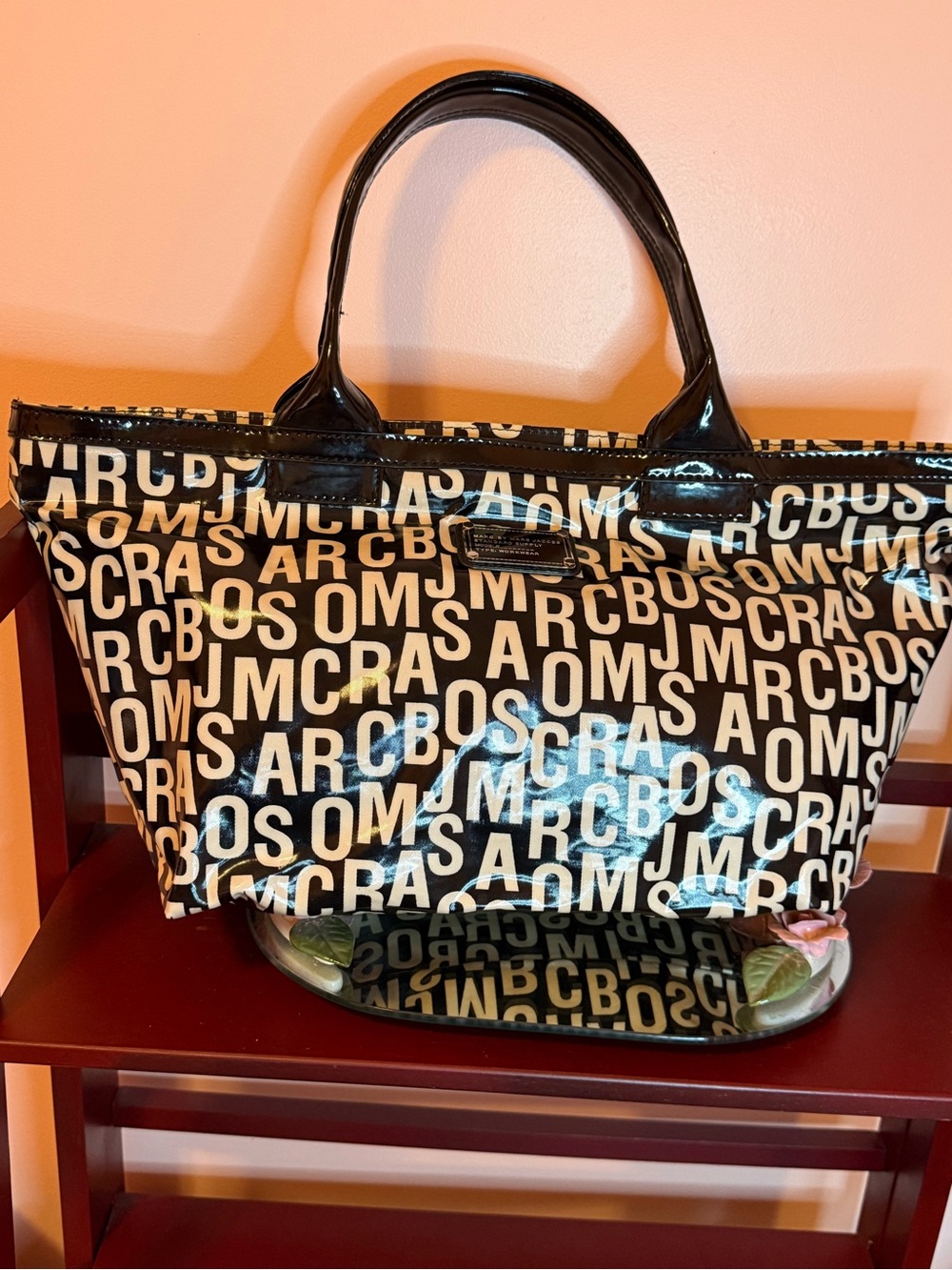 Marc Jacobs Black and White Logo-Print Patent Tote